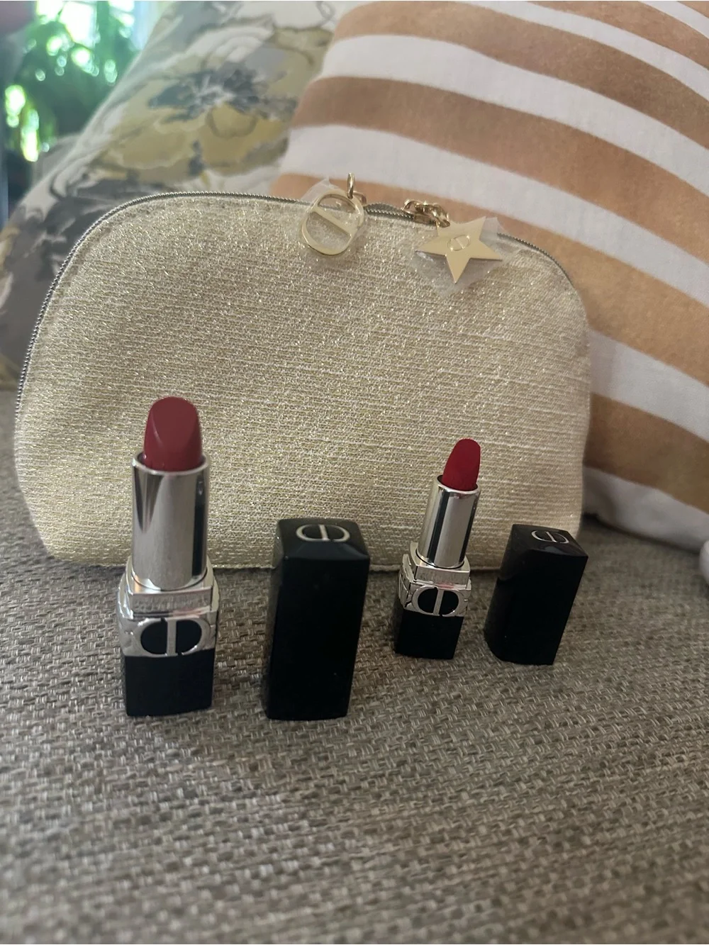 DIOR Gold Metallic Luxury Cosmetic Bag & Travel Pouch With Star & Logo Charm